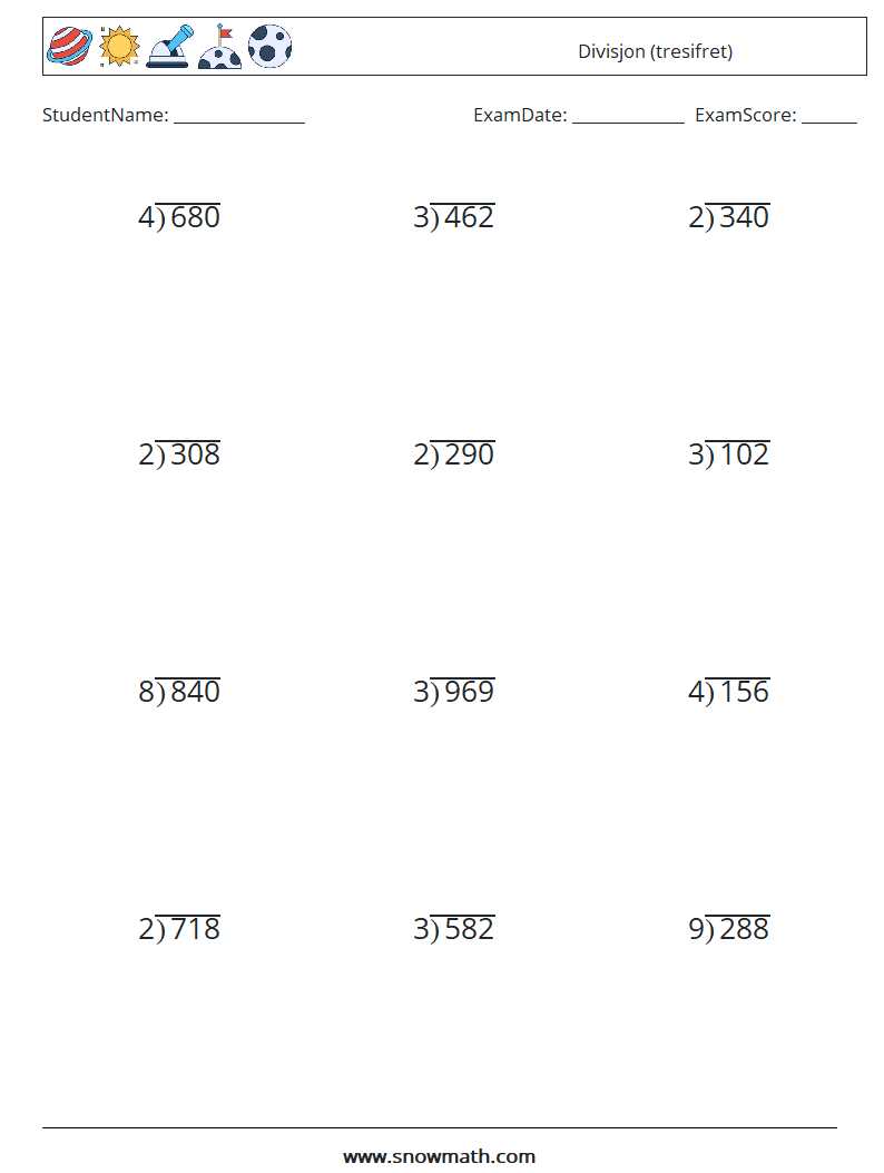 (12) Divisjon (tresifret) MathWorksheets 8