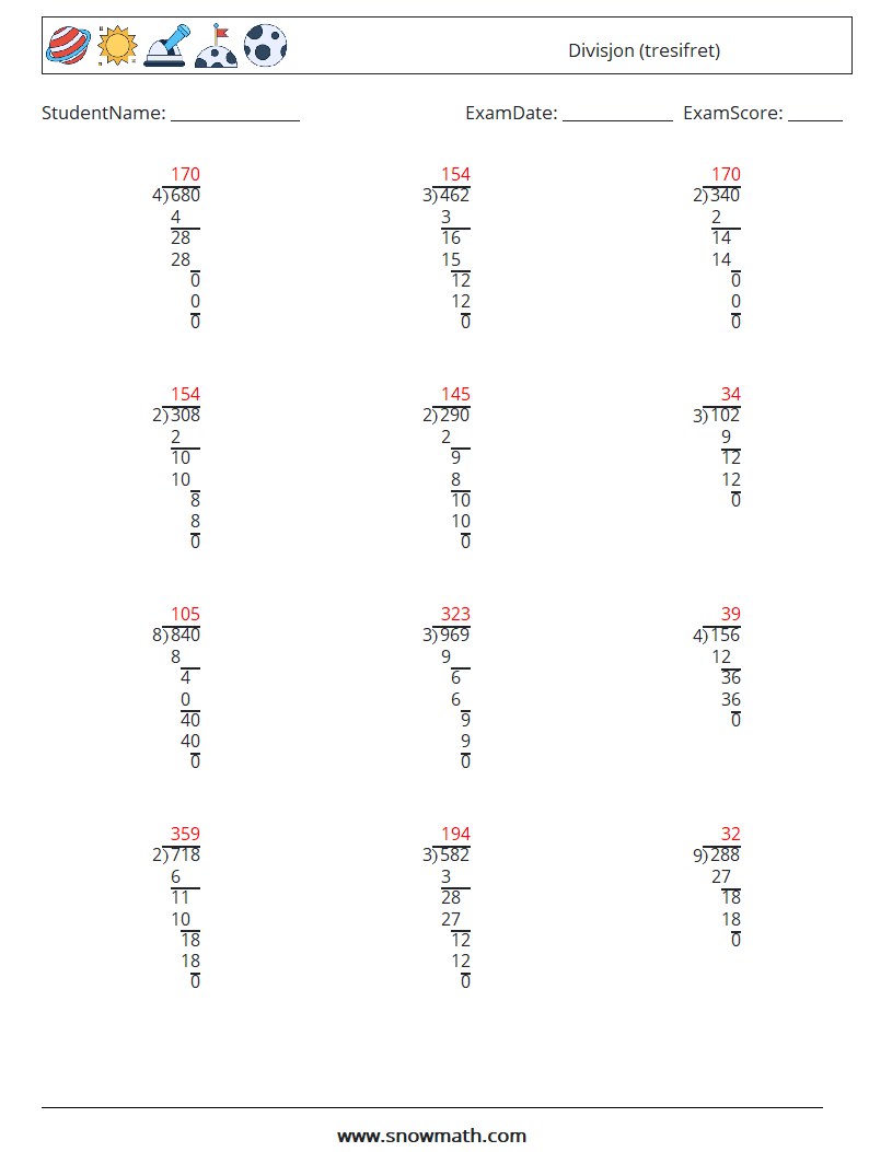 (12) Divisjon (tresifret) MathWorksheets 8 QuestionAnswer