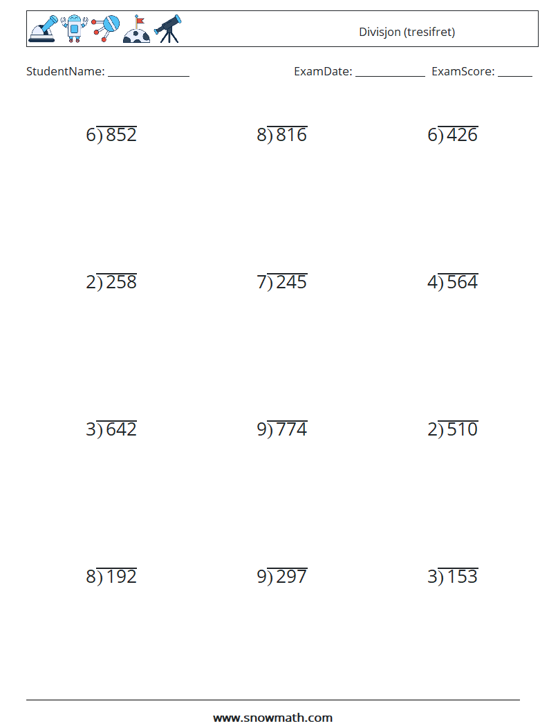 (12) Divisjon (tresifret) MathWorksheets 9