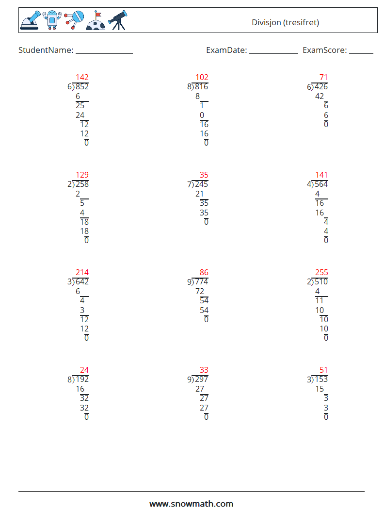 (12) Divisjon (tresifret) MathWorksheets 9 QuestionAnswer