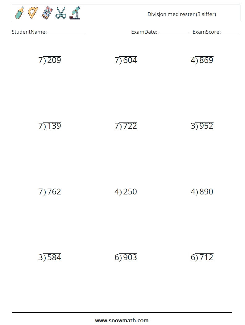 (12) Divisjon med rester (3 siffer) MathWorksheets 1