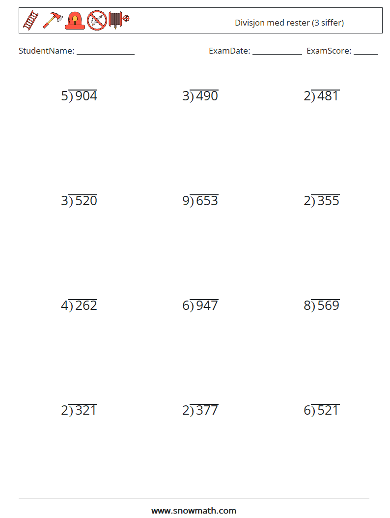 (12) Divisjon med rester (3 siffer) MathWorksheets 10