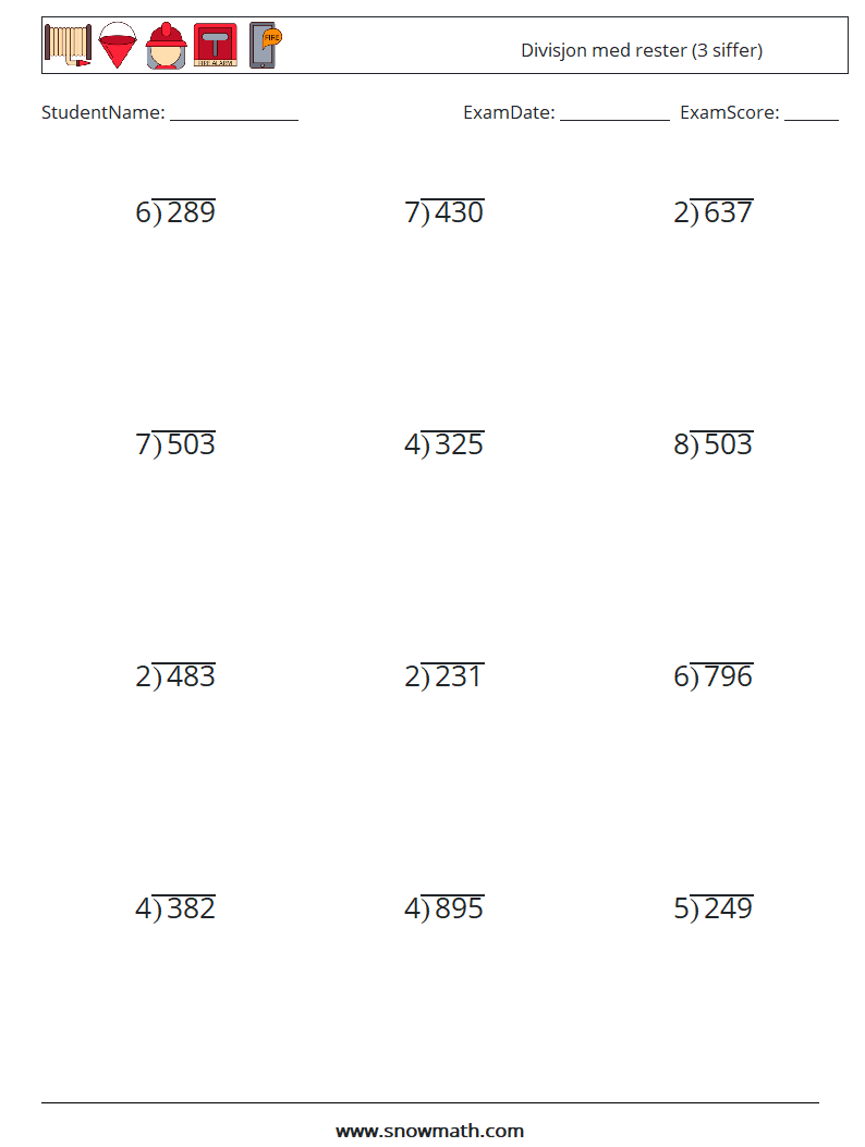 (12) Divisjon med rester (3 siffer) MathWorksheets 11