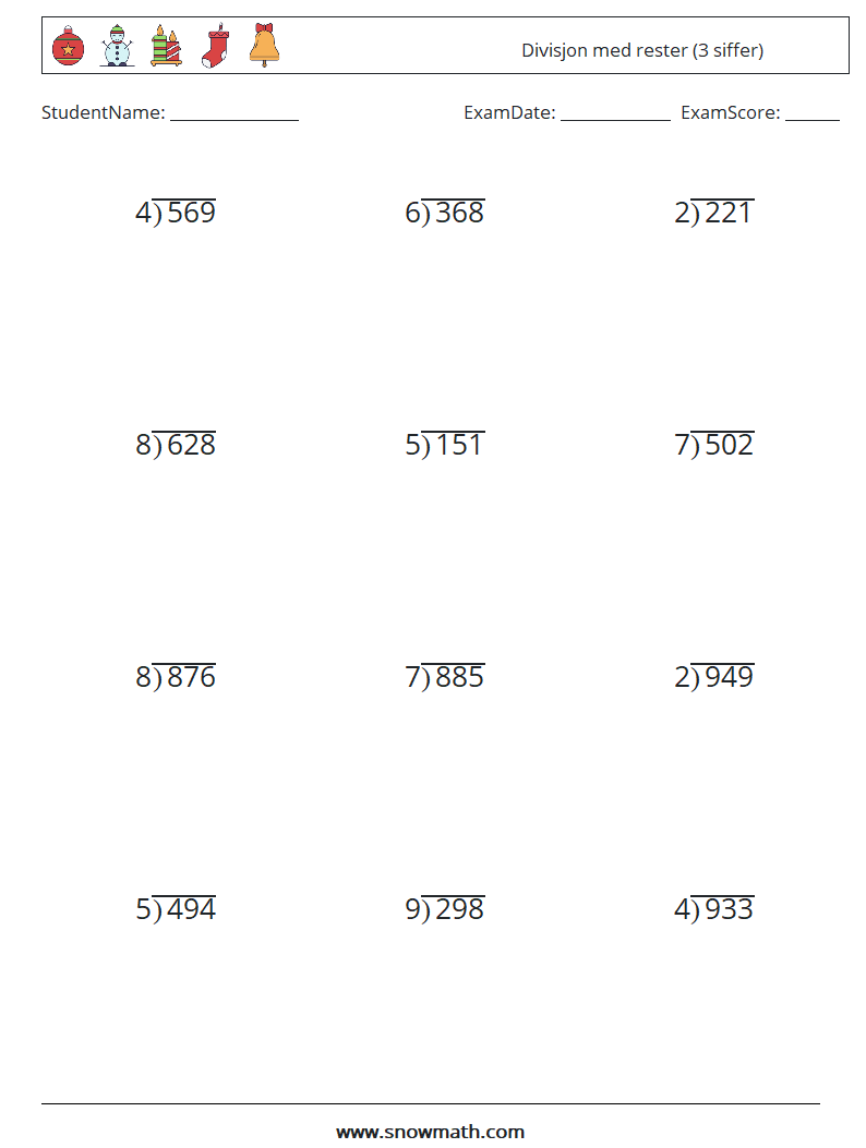 (12) Divisjon med rester (3 siffer) MathWorksheets 12