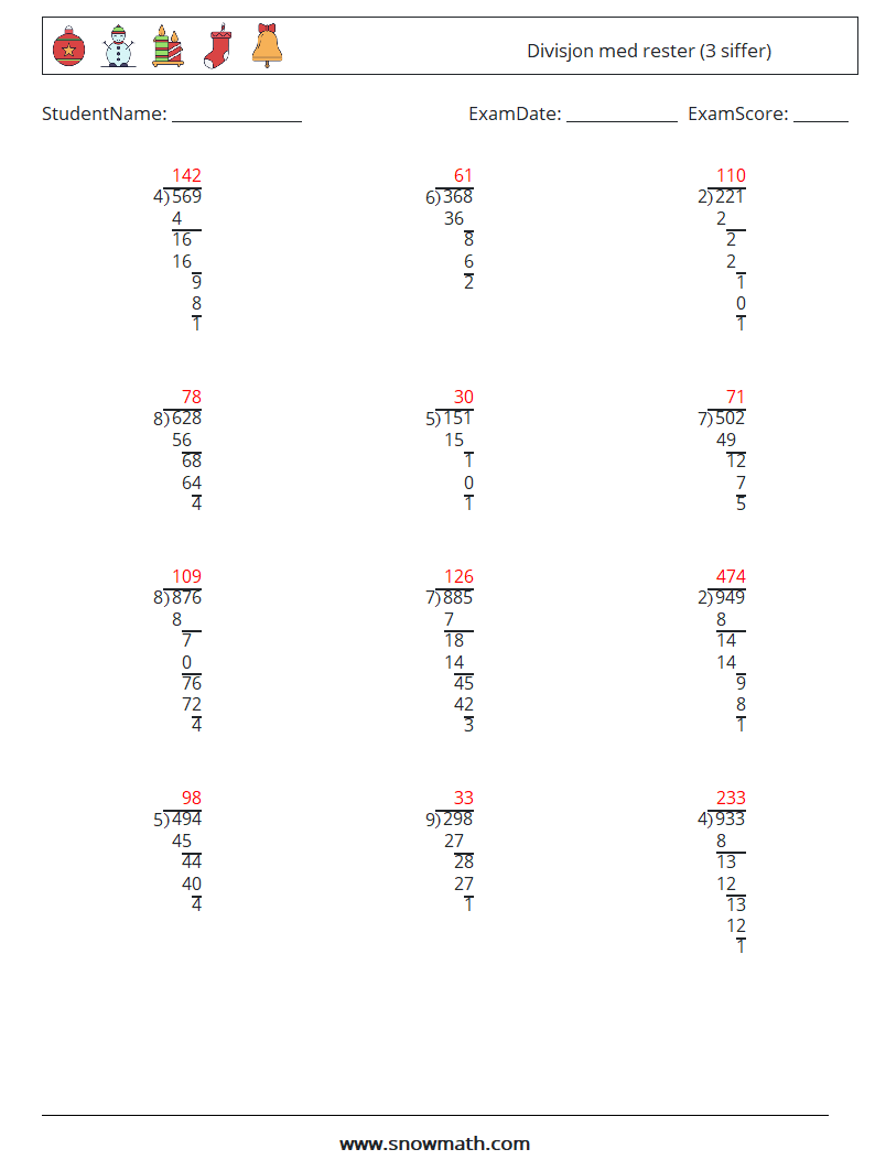 (12) Divisjon med rester (3 siffer) MathWorksheets 12 QuestionAnswer