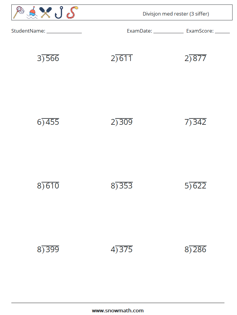 (12) Divisjon med rester (3 siffer) MathWorksheets 13