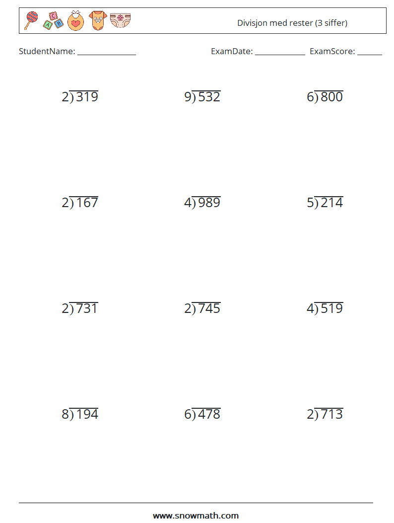 (12) Divisjon med rester (3 siffer) MathWorksheets 14