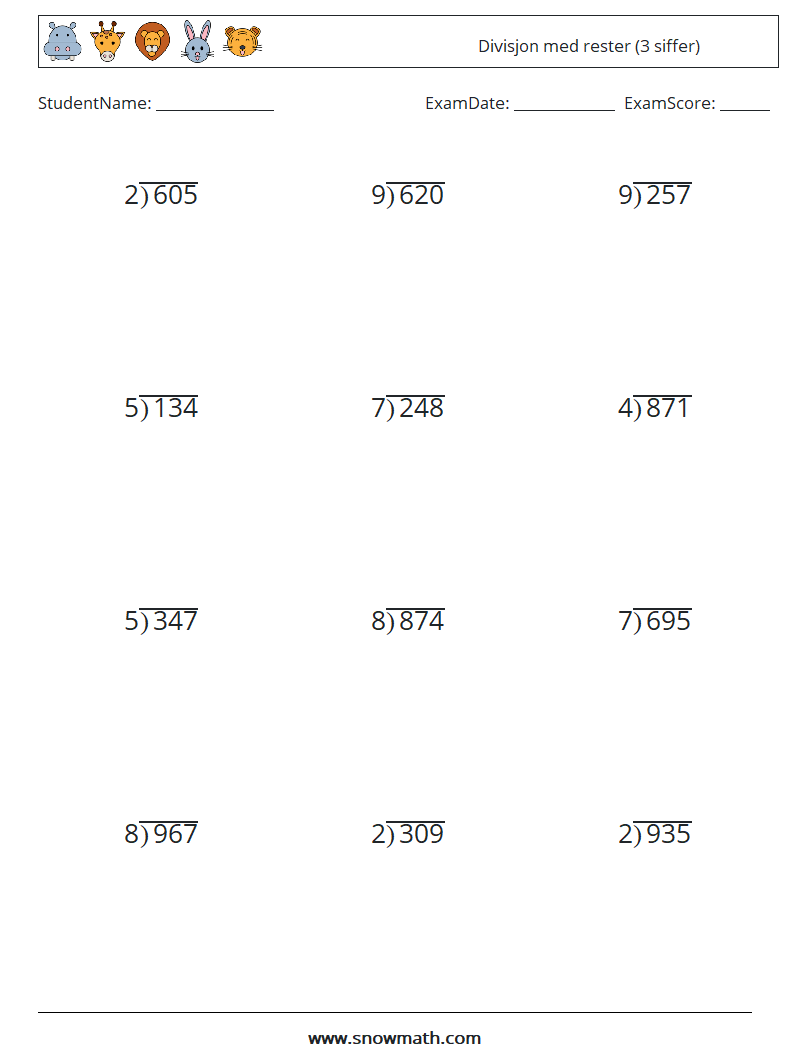 (12) Divisjon med rester (3 siffer) MathWorksheets 15