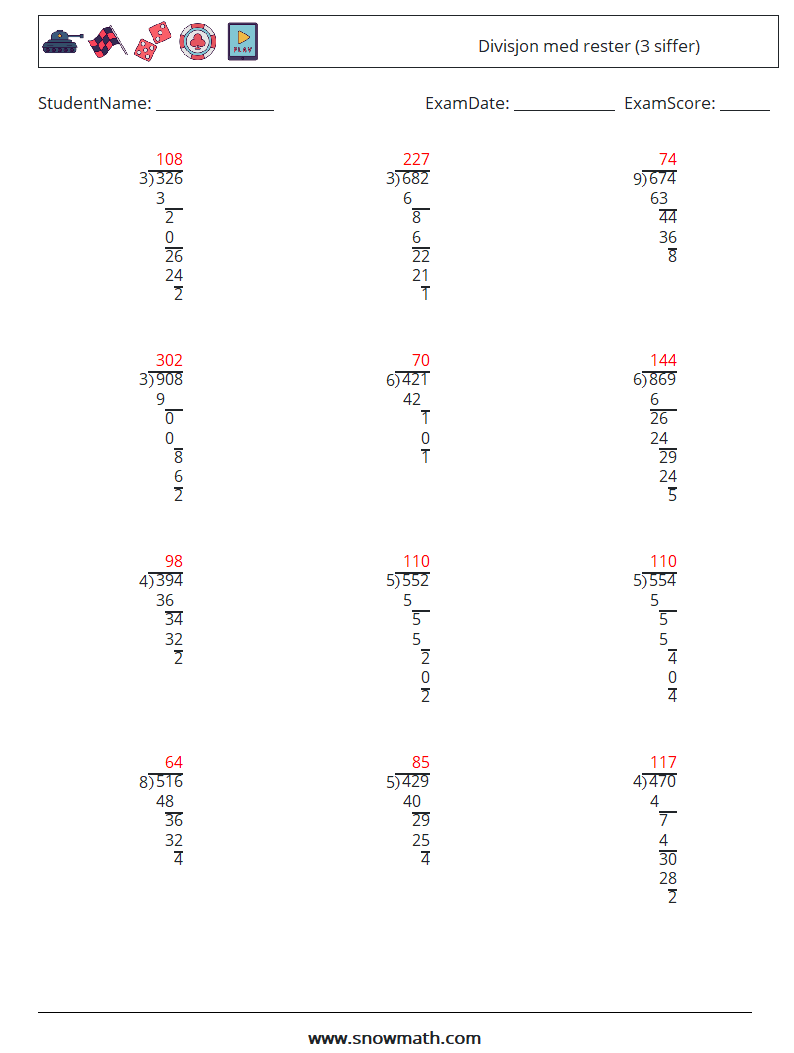 (12) Divisjon med rester (3 siffer) MathWorksheets 16 QuestionAnswer