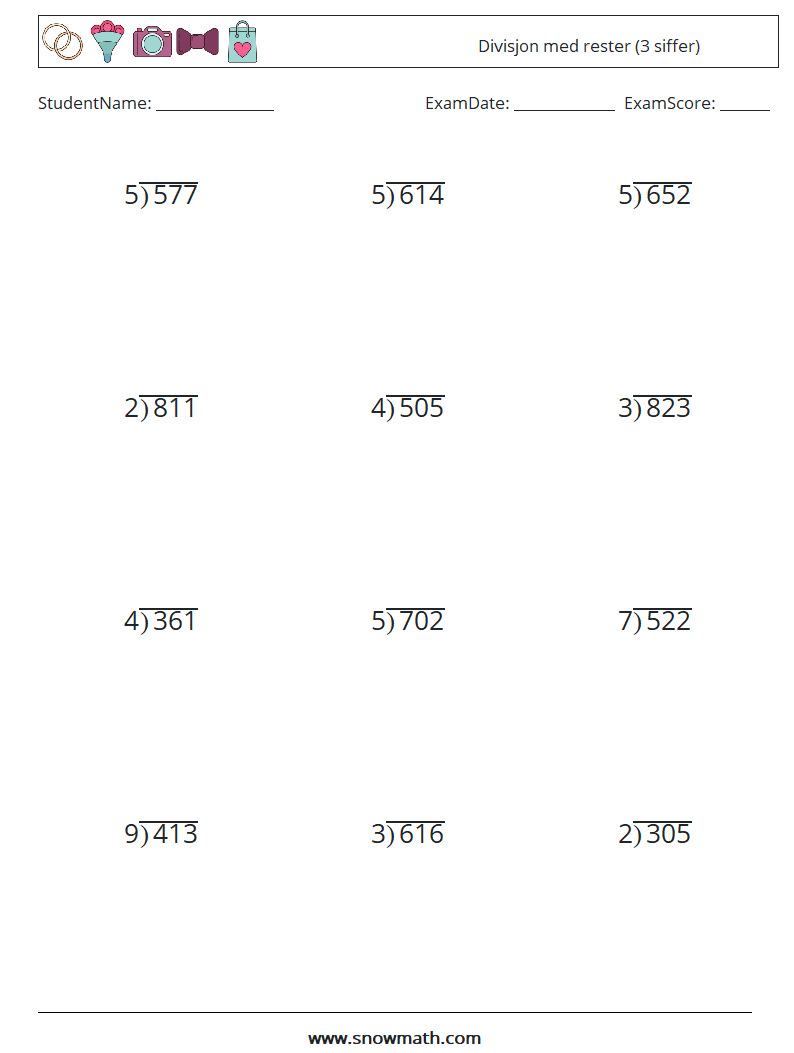 (12) Divisjon med rester (3 siffer) MathWorksheets 18