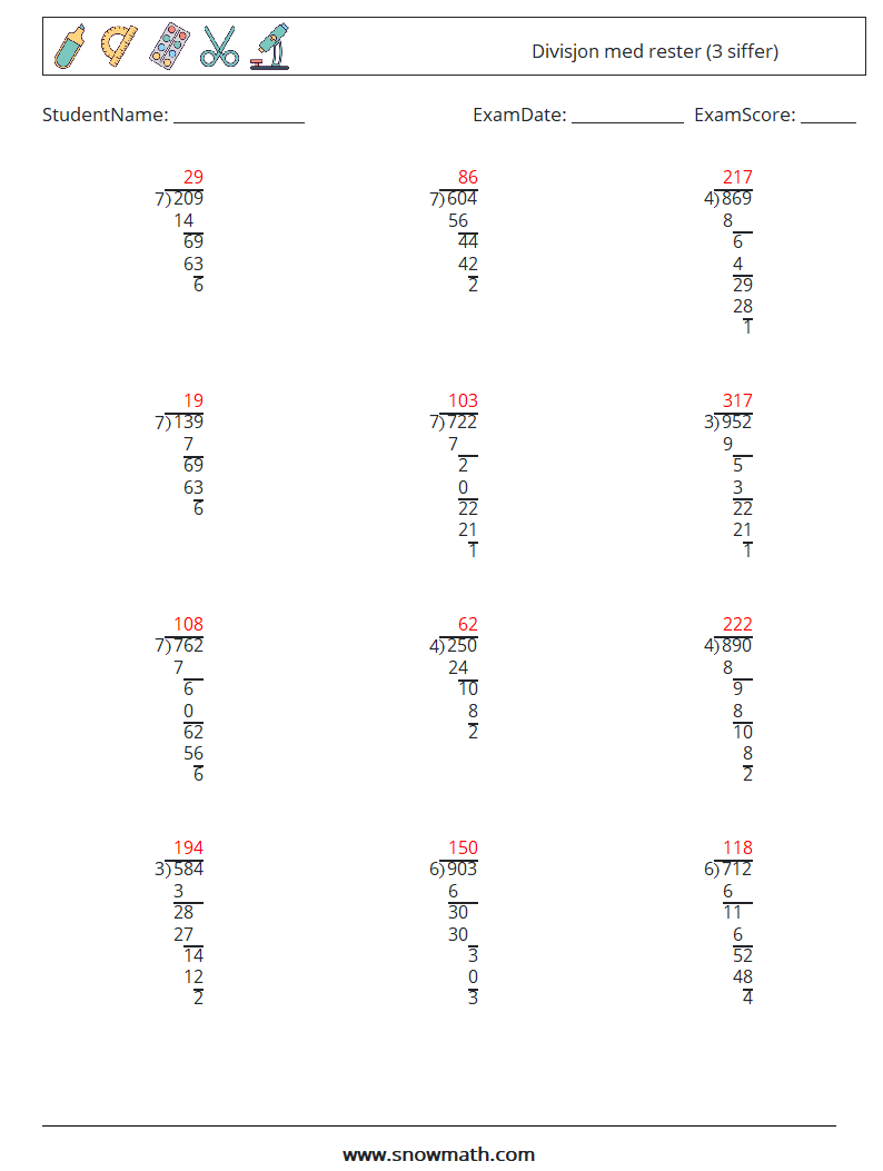 (12) Divisjon med rester (3 siffer) MathWorksheets 1 QuestionAnswer