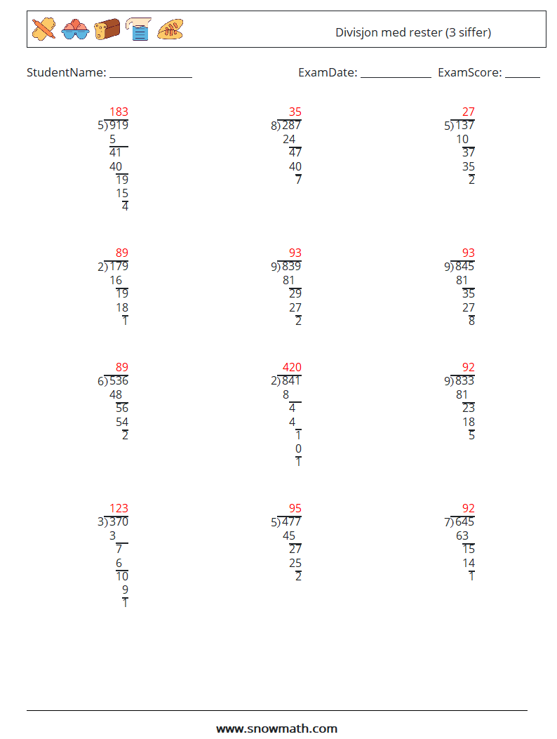 (12) Divisjon med rester (3 siffer) MathWorksheets 2 QuestionAnswer
