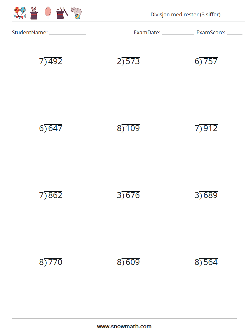 (12) Divisjon med rester (3 siffer) MathWorksheets 3