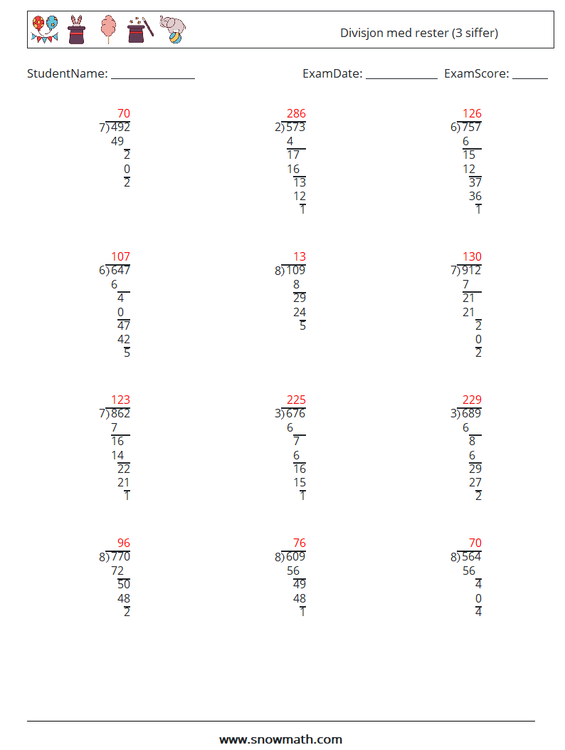 (12) Divisjon med rester (3 siffer) MathWorksheets 3 QuestionAnswer