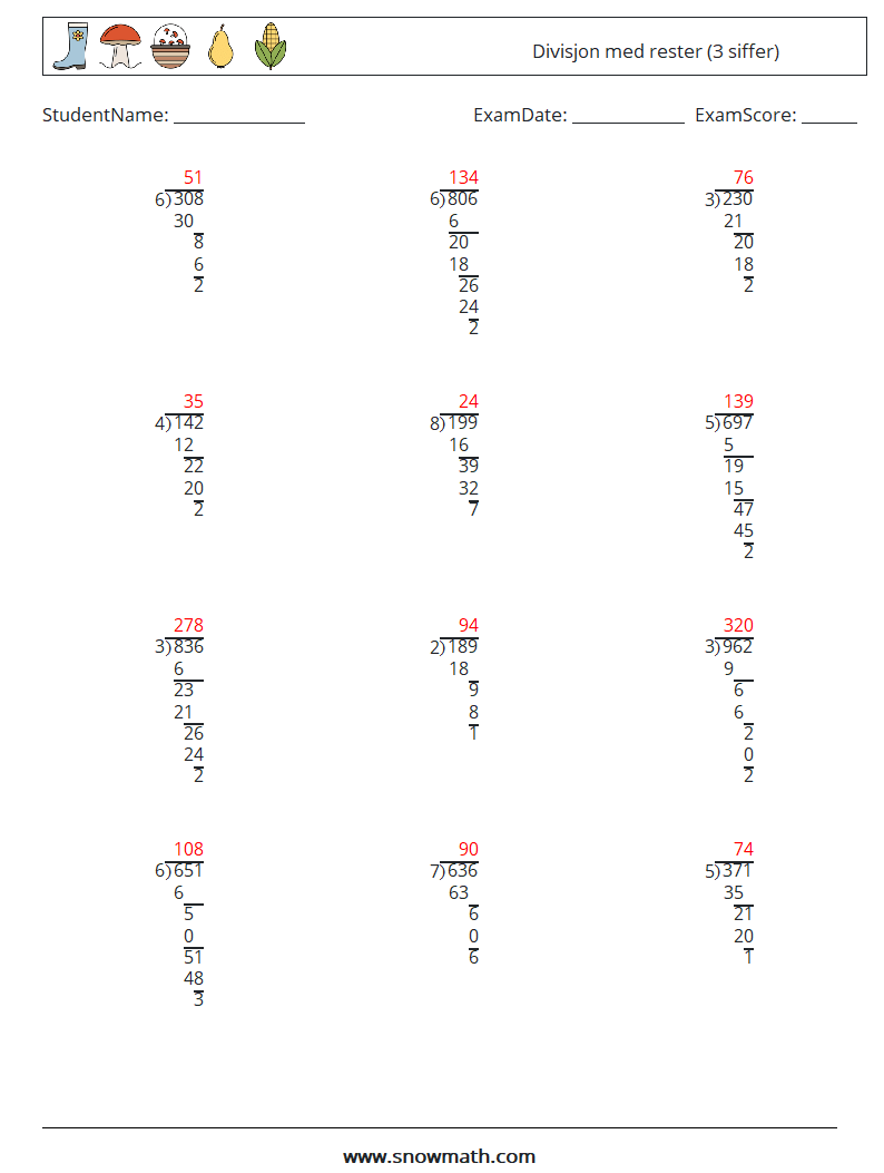 (12) Divisjon med rester (3 siffer) MathWorksheets 4 QuestionAnswer