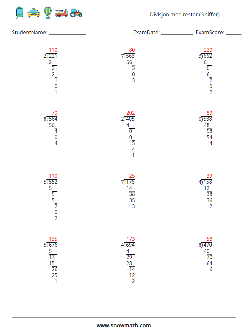 (12) Divisjon med rester (3 siffer) MathWorksheets 5 QuestionAnswer