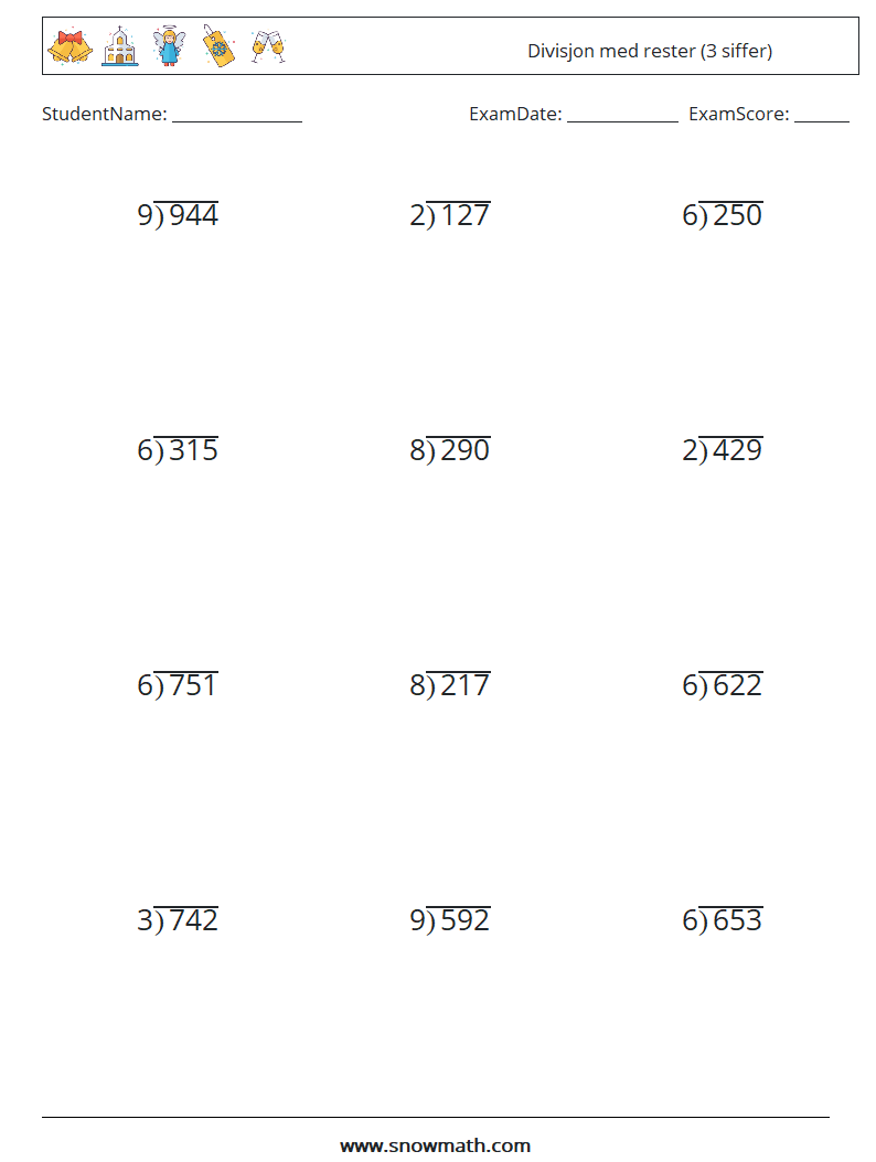 (12) Divisjon med rester (3 siffer) MathWorksheets 6