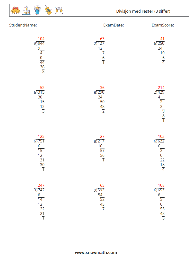 (12) Divisjon med rester (3 siffer) MathWorksheets 6 QuestionAnswer