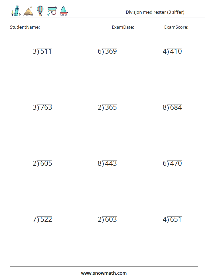 (12) Divisjon med rester (3 siffer) MathWorksheets 7