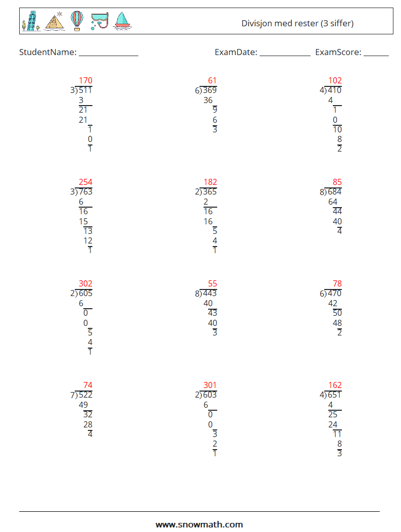 (12) Divisjon med rester (3 siffer) MathWorksheets 7 QuestionAnswer