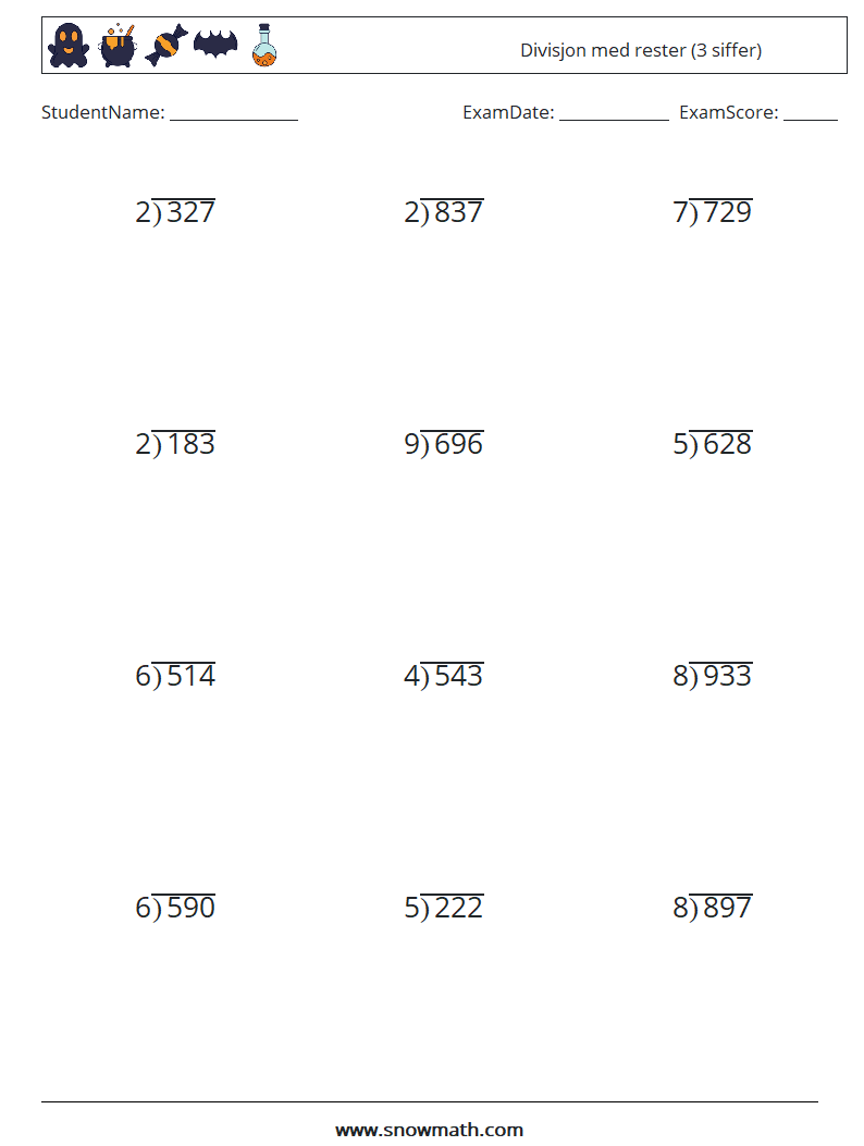 (12) Divisjon med rester (3 siffer) MathWorksheets 8