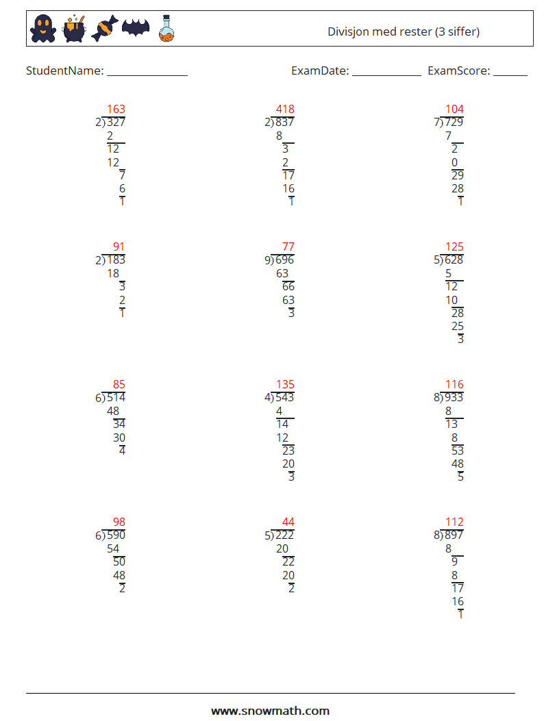 (12) Divisjon med rester (3 siffer) MathWorksheets 8 QuestionAnswer