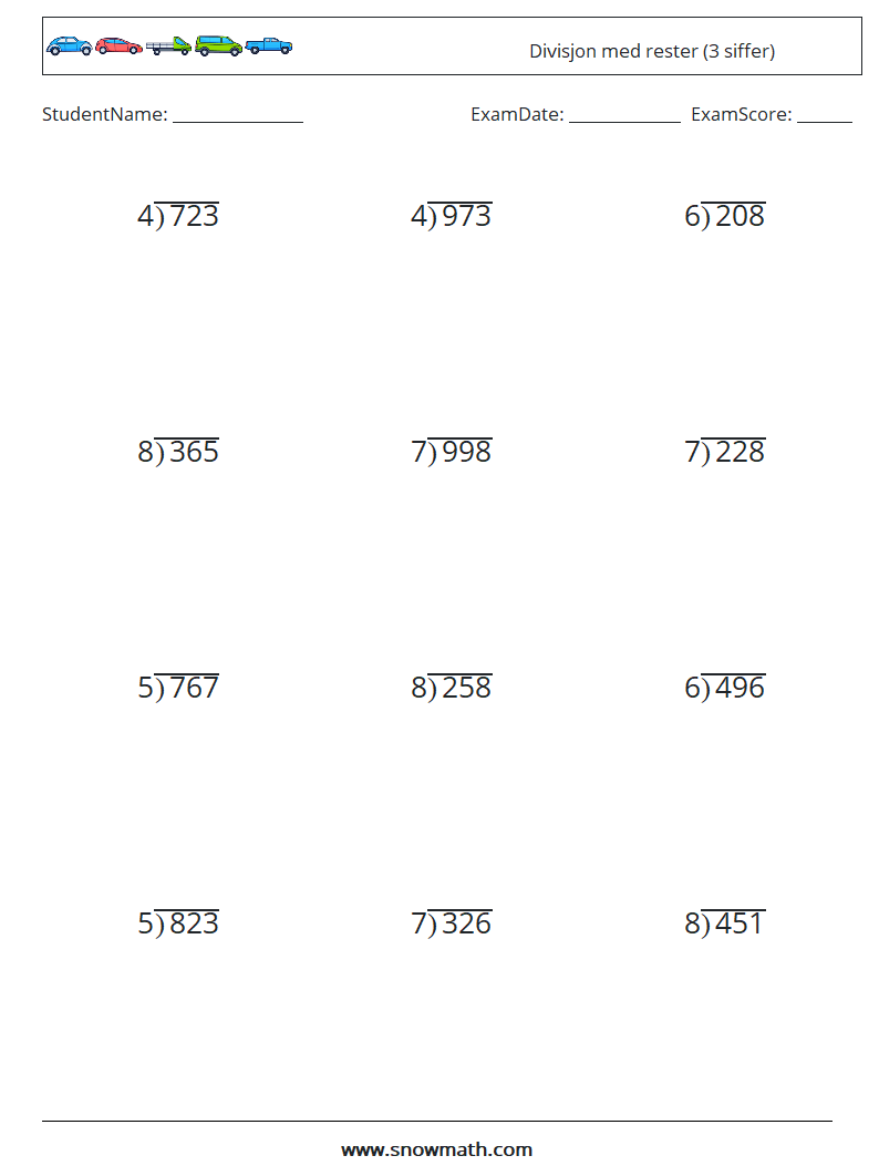 (12) Divisjon med rester (3 siffer) MathWorksheets 9