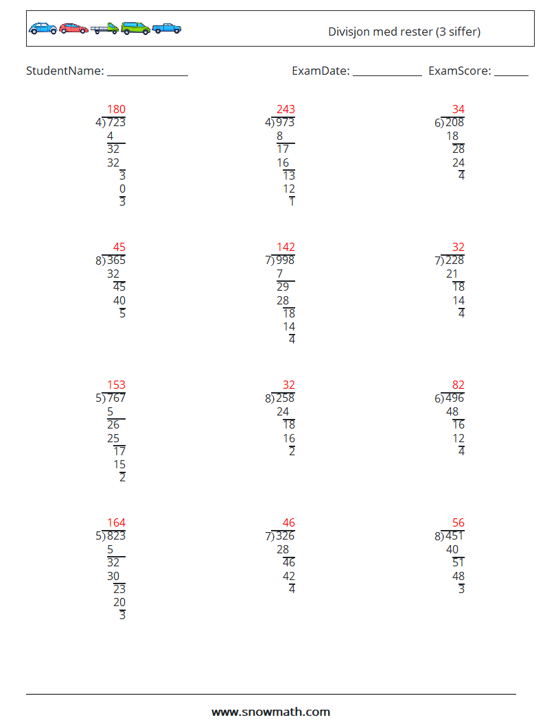 (12) Divisjon med rester (3 siffer) MathWorksheets 9 QuestionAnswer