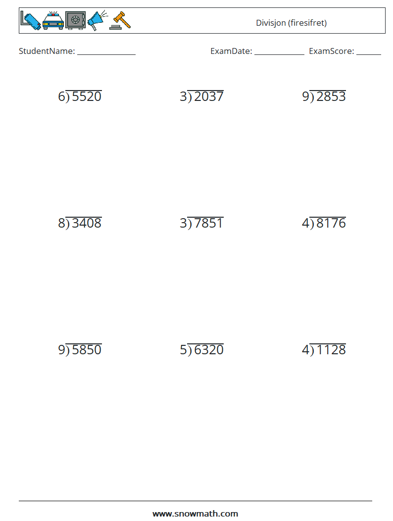 (9) Divisjon (firesifret) MathWorksheets 1