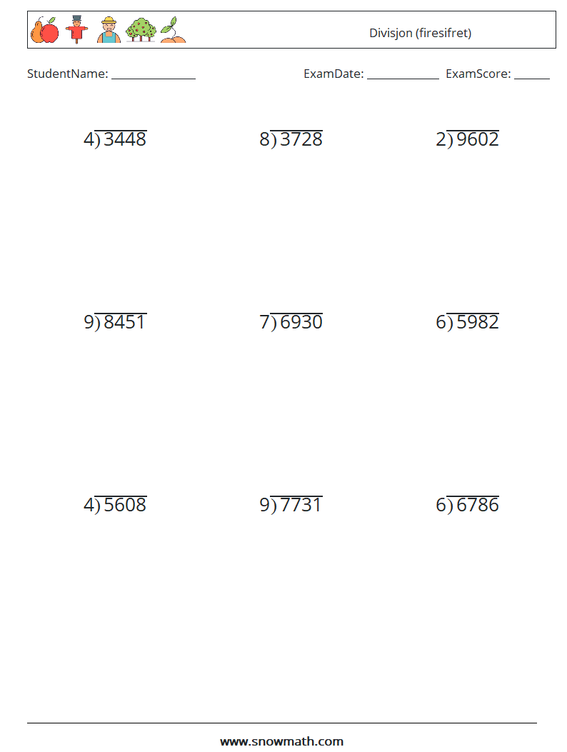 (9) Divisjon (firesifret) MathWorksheets 10