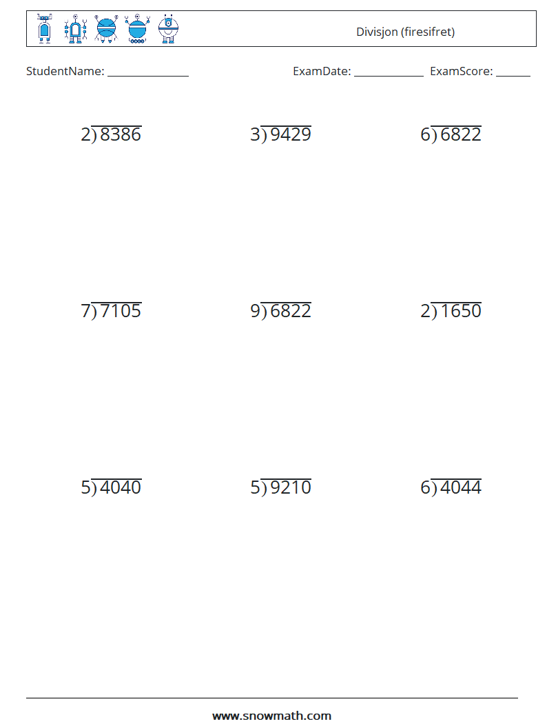 (9) Divisjon (firesifret) MathWorksheets 11