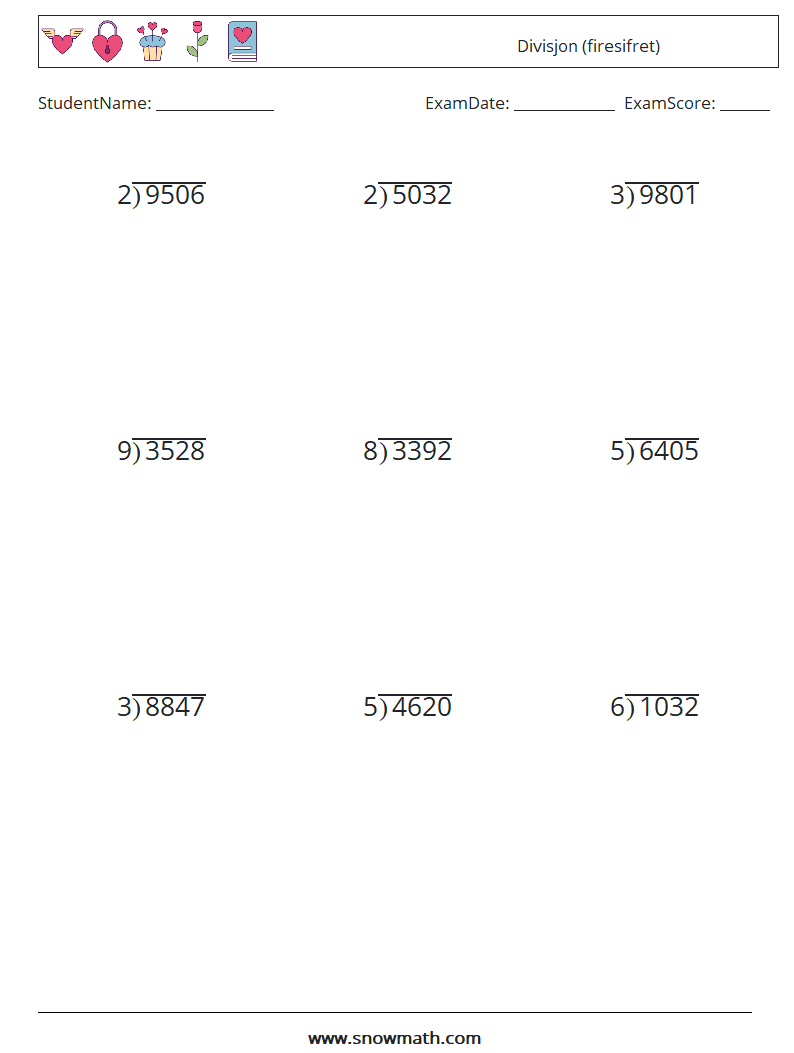 (9) Divisjon (firesifret) MathWorksheets 12