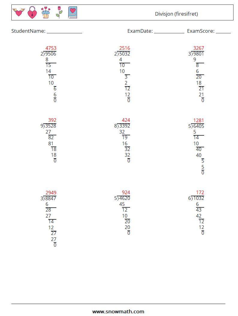 (9) Divisjon (firesifret) MathWorksheets 12 QuestionAnswer