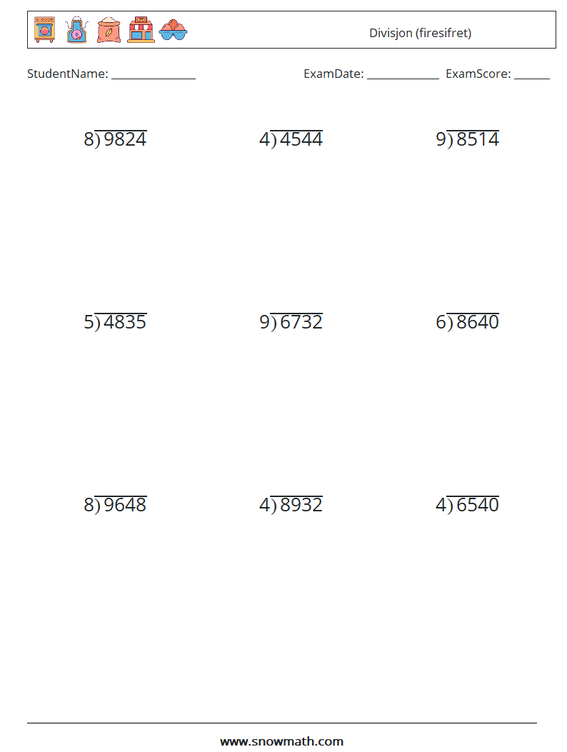 (9) Divisjon (firesifret) MathWorksheets 13