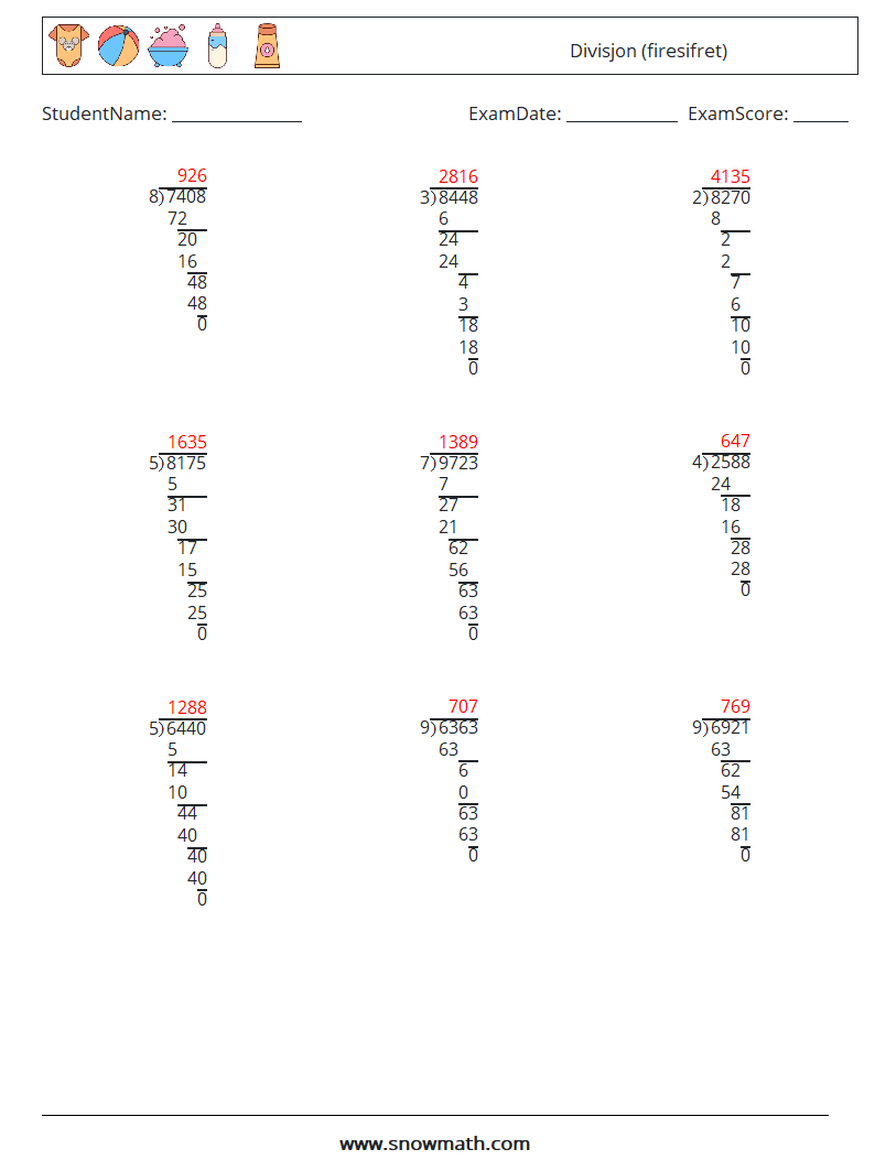 (9) Divisjon (firesifret) MathWorksheets 14 QuestionAnswer