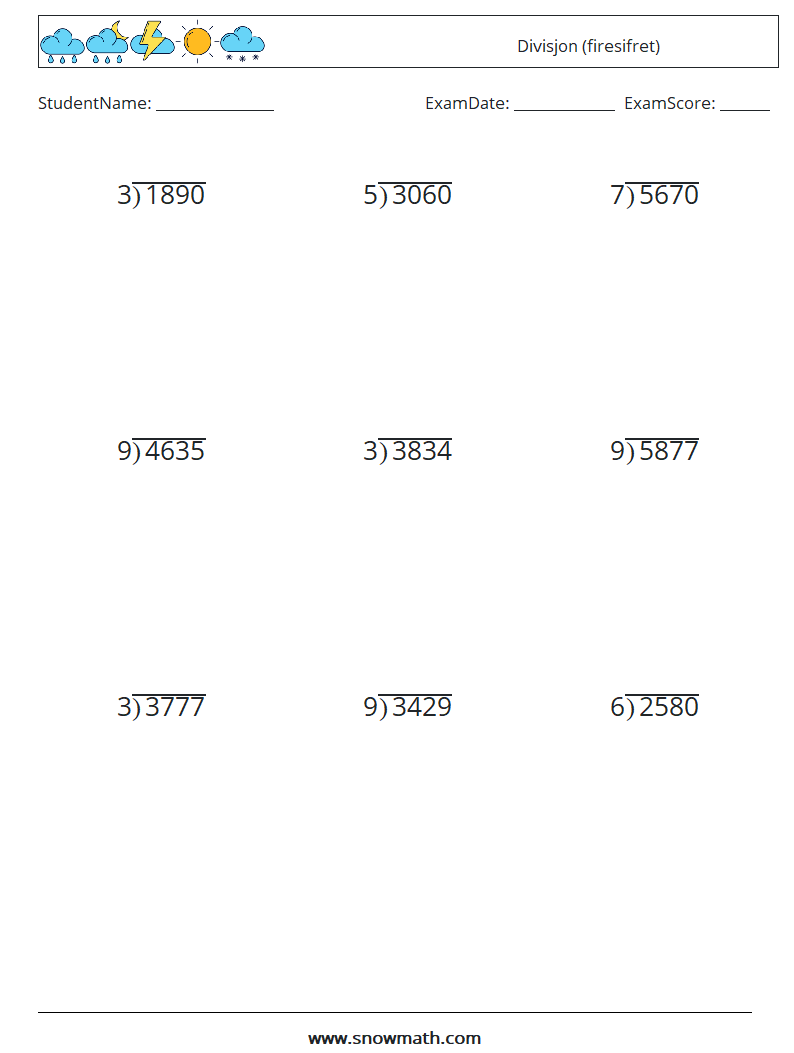 (9) Divisjon (firesifret) MathWorksheets 15