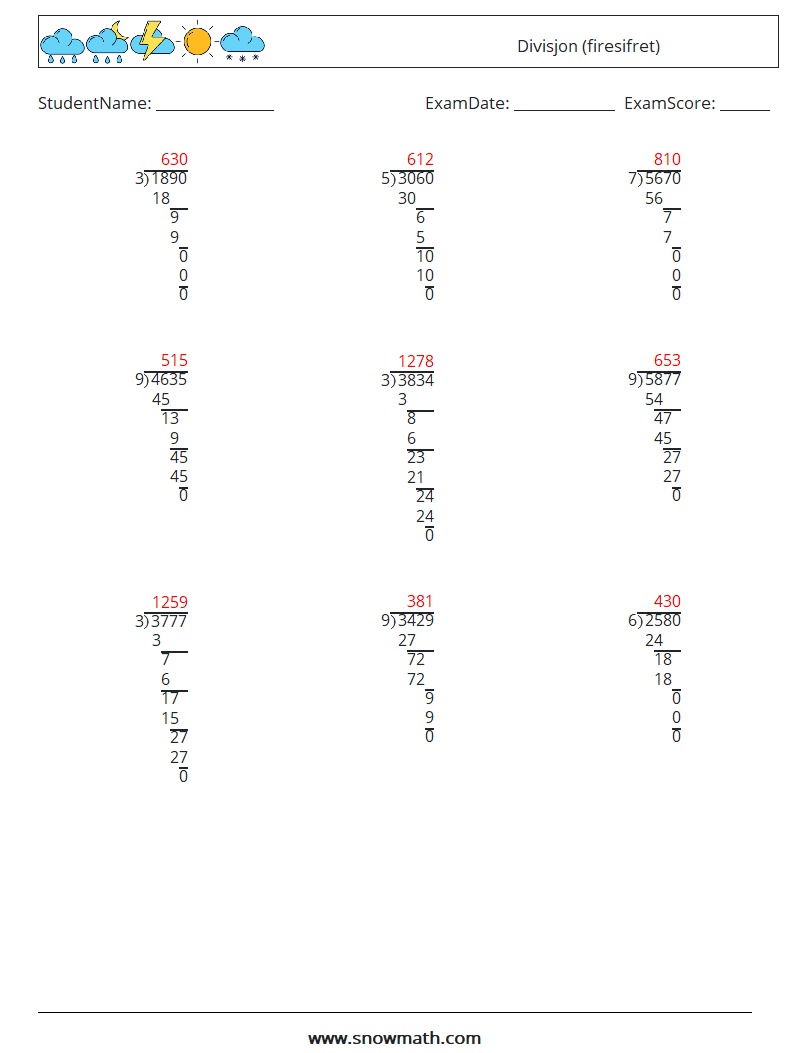 (9) Divisjon (firesifret) MathWorksheets 15 QuestionAnswer