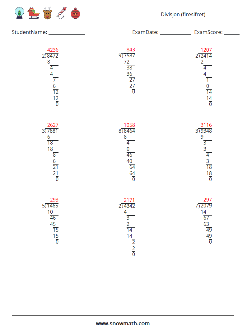 (9) Divisjon (firesifret) MathWorksheets 16 QuestionAnswer