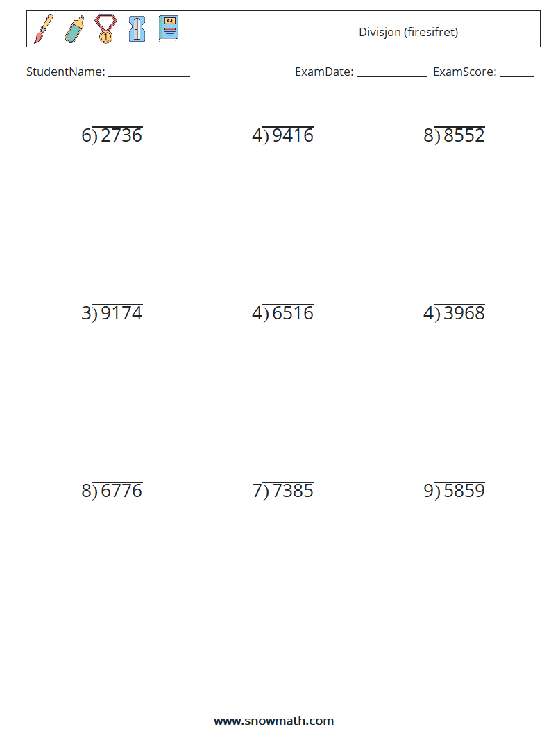 (9) Divisjon (firesifret) MathWorksheets 17