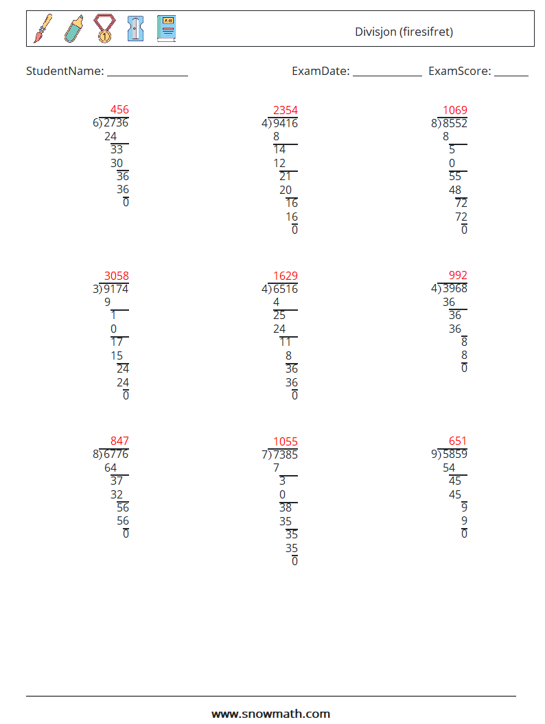 (9) Divisjon (firesifret) MathWorksheets 17 QuestionAnswer