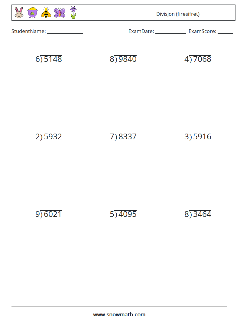 (9) Divisjon (firesifret) MathWorksheets 18