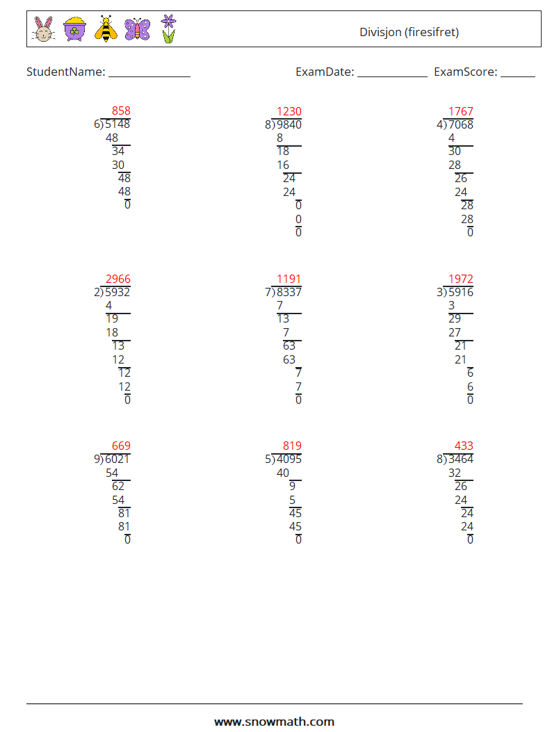 (9) Divisjon (firesifret) MathWorksheets 18 QuestionAnswer