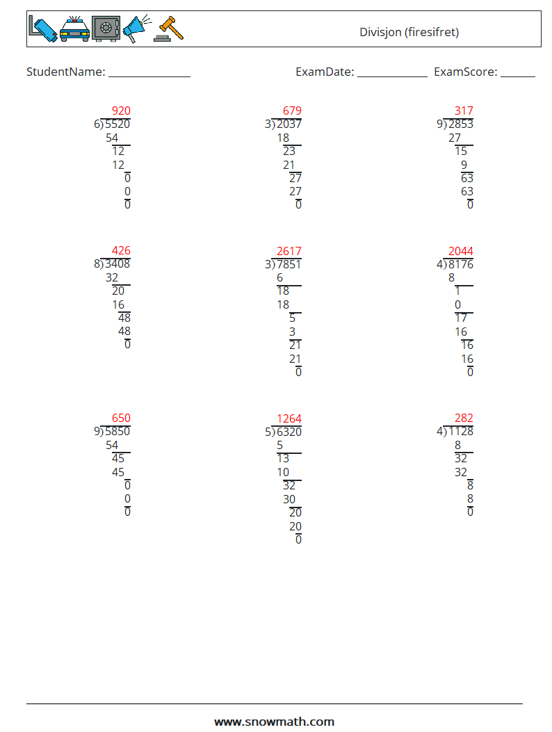 (9) Divisjon (firesifret) MathWorksheets 1 QuestionAnswer