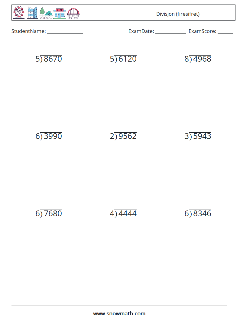 (9) Divisjon (firesifret) MathWorksheets 2