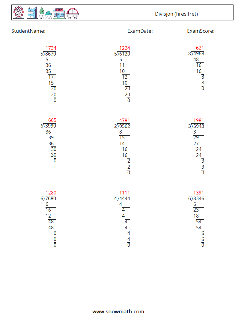 (9) Divisjon (firesifret) MathWorksheets 2 QuestionAnswer