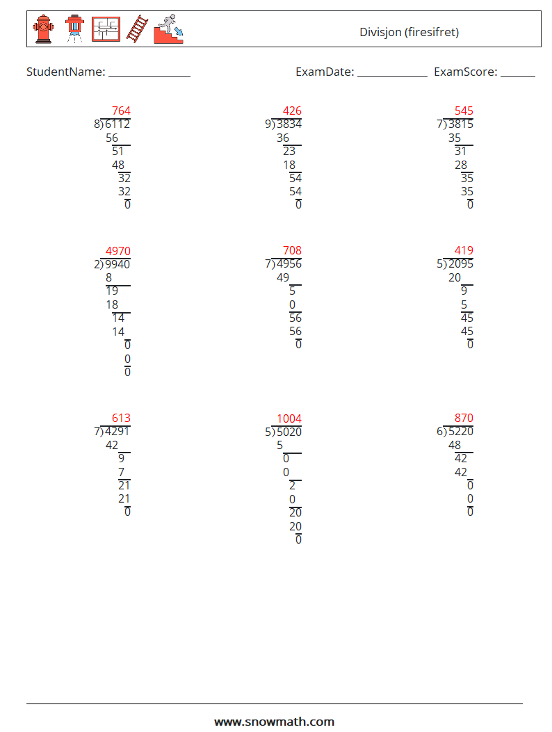 (9) Divisjon (firesifret) MathWorksheets 3 QuestionAnswer