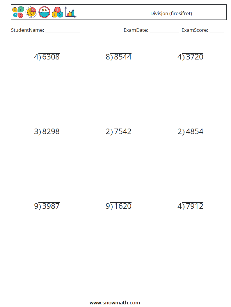 (9) Divisjon (firesifret) MathWorksheets 5