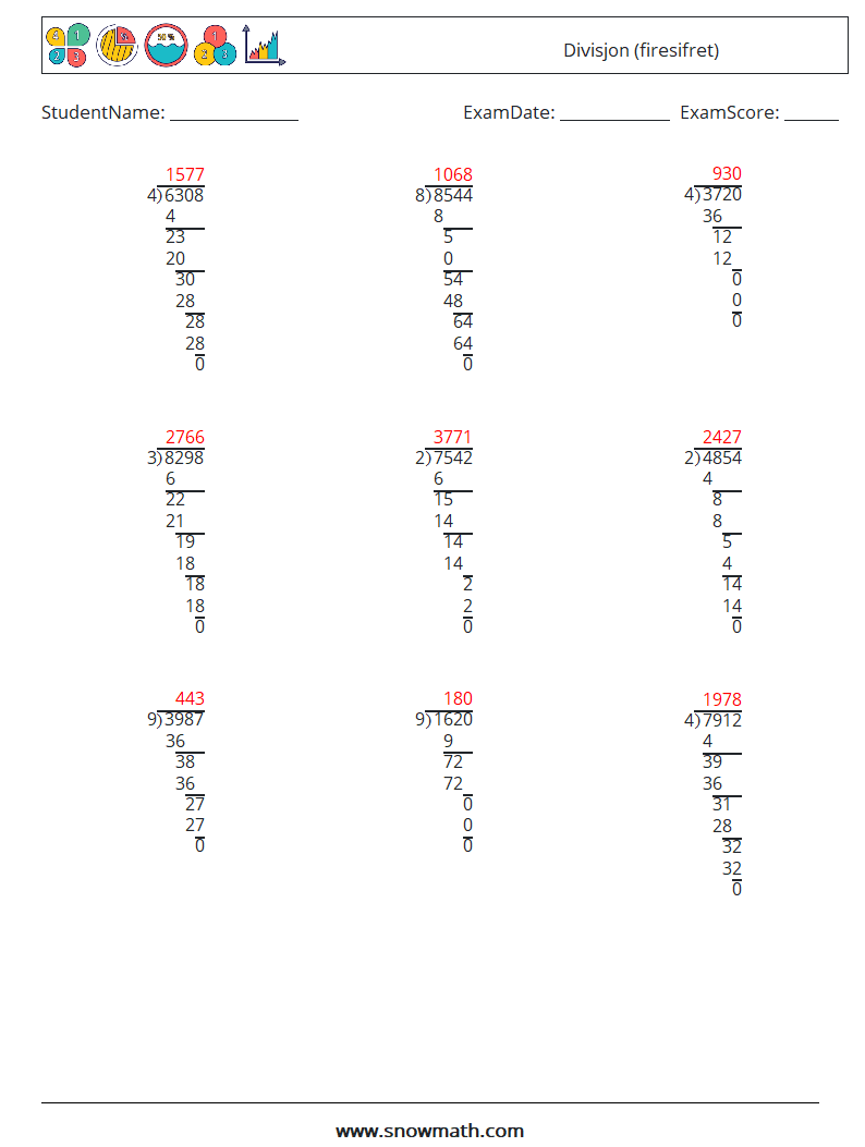 (9) Divisjon (firesifret) MathWorksheets 5 QuestionAnswer