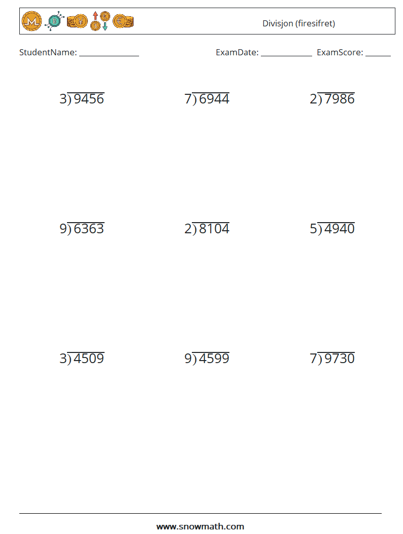 (9) Divisjon (firesifret) MathWorksheets 6