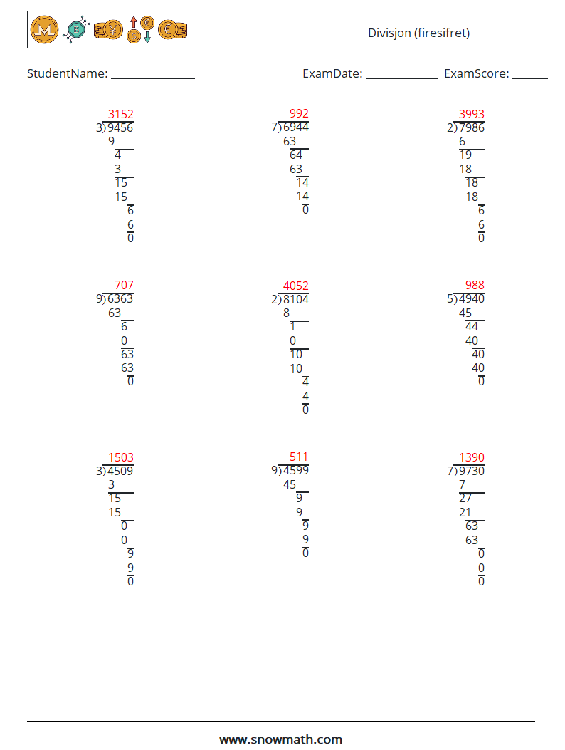 (9) Divisjon (firesifret) MathWorksheets 6 QuestionAnswer